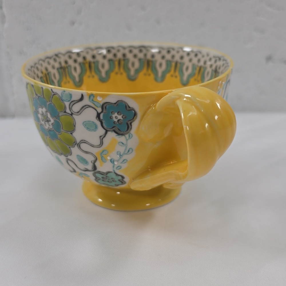 Anthropologie Elka Ayaka Pedestal Cup Mug Yellow Teal Floral Twisted Handle 10oz - Picture 5 of 11